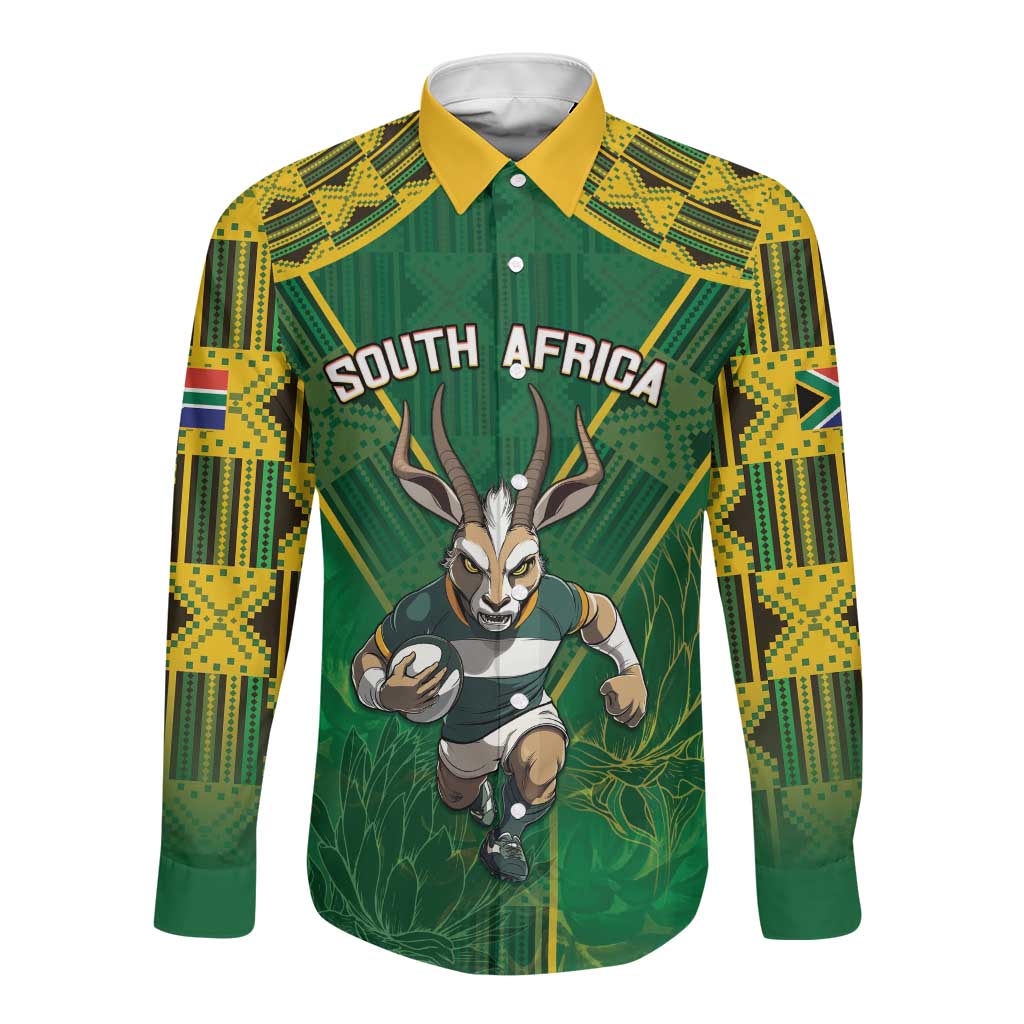 Custom South Africa Rugby 2024 Long Sleeve Button Shirt Go Bokke African Pattern