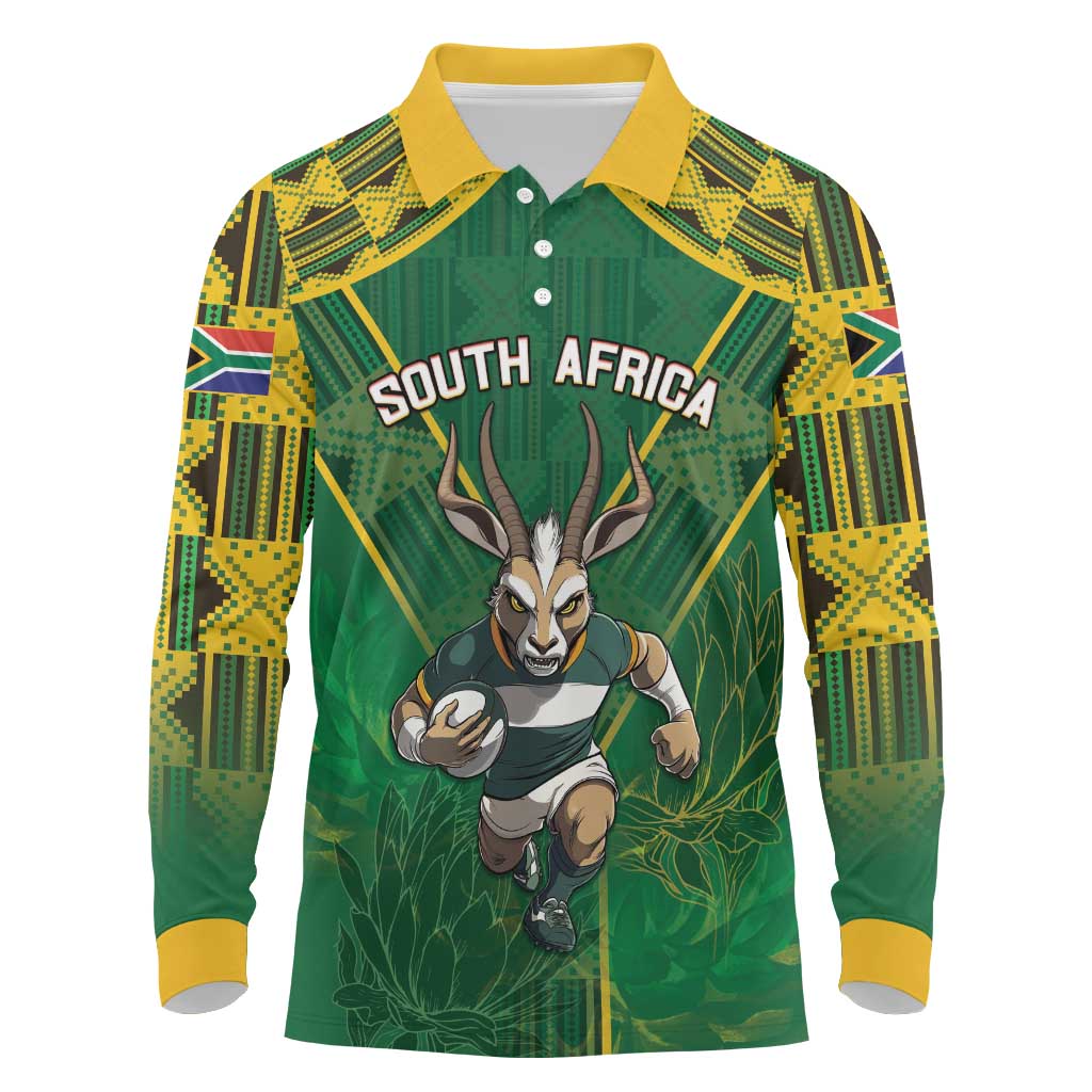 Custom South Africa Rugby 2024 Long Sleeve Polo Shirt Go Bokke African Pattern