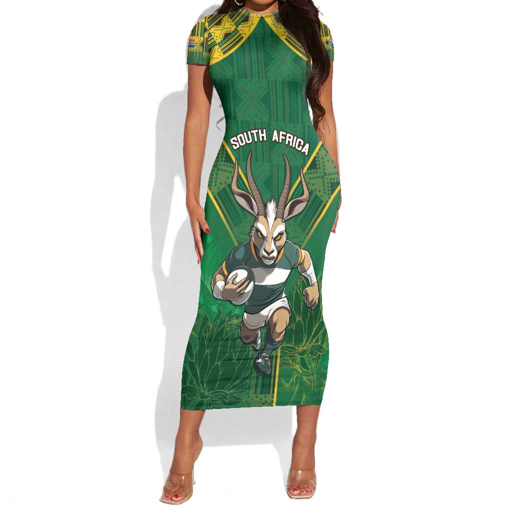 Custom South Africa Rugby 2024 Short Sleeve Bodycon Dress Go Bokke African Pattern