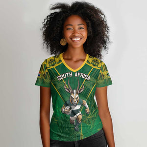 Custom South Africa Rugby 2024 Women V-Neck T-Shirt Go Bokke African Pattern