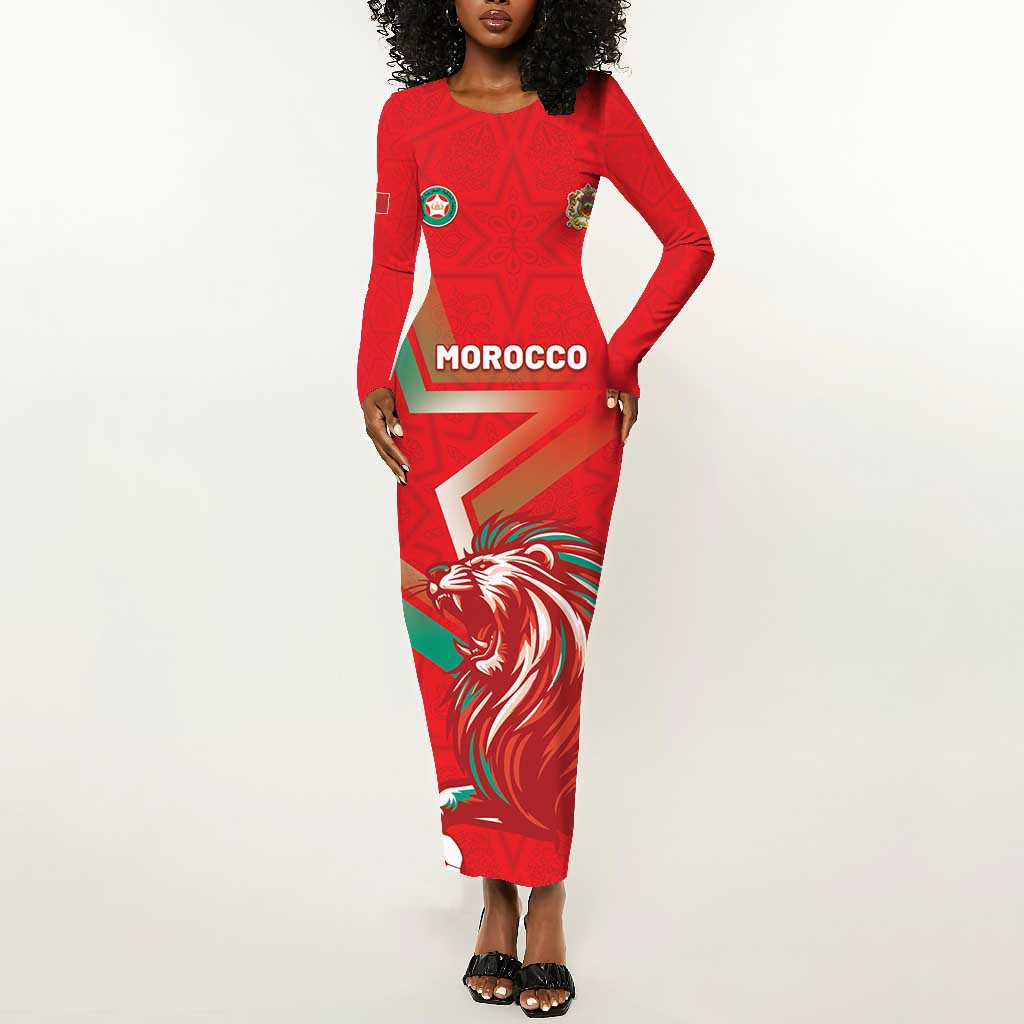 Custom Morocco WC Football 2026 Long Sleeve Bodycon Dress Go Champions Lion Spirit - African Pride