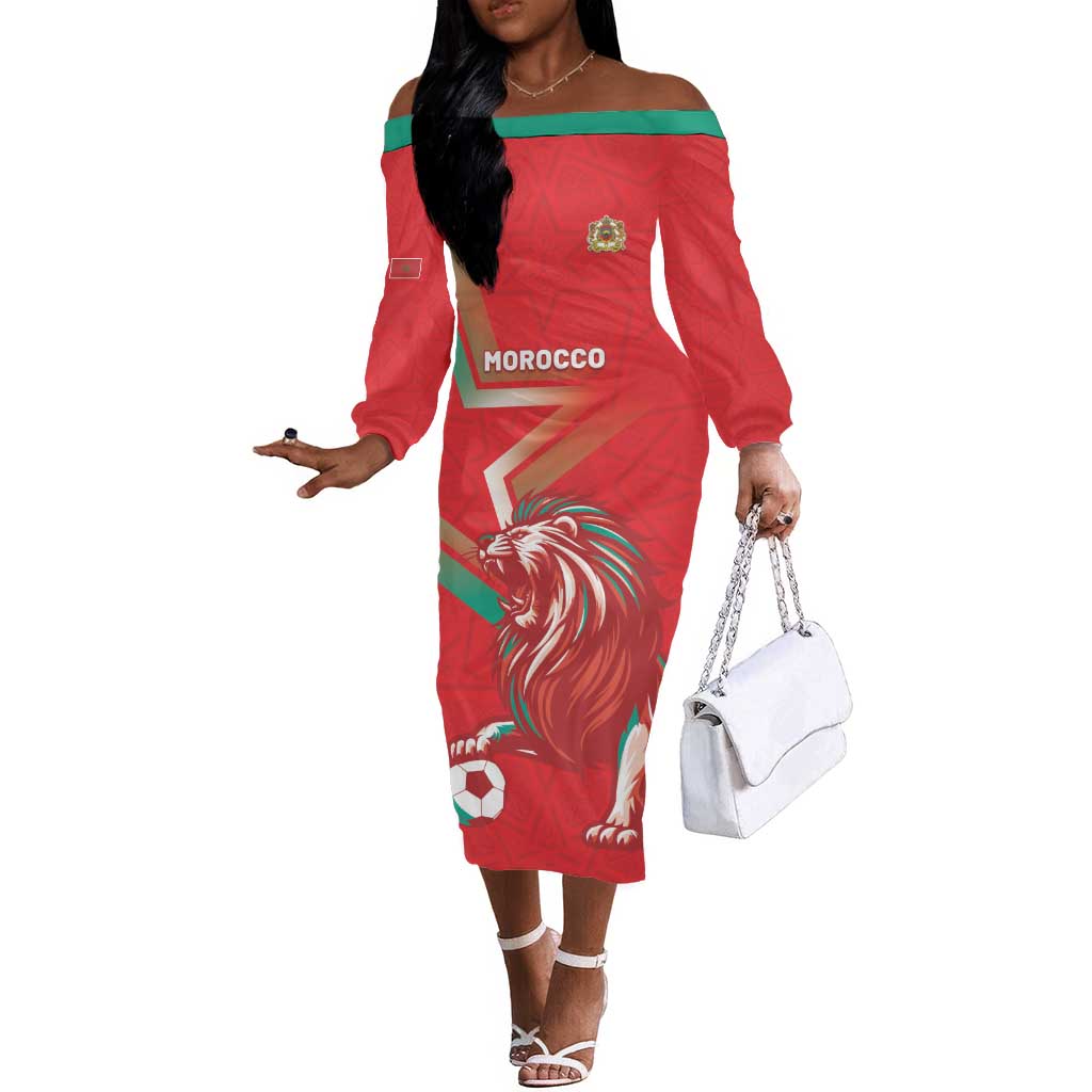 Custom Morocco WC Football 2026 Off The Shoulder Long Sleeve Dress Go Champions Lion Spirit - African Pride