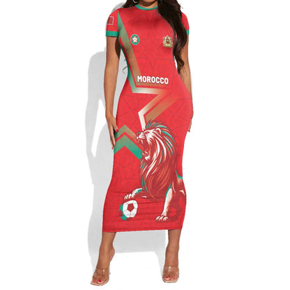 Custom Morocco WC Football 2026 Short Sleeve Bodycon Dress Go Champions Lion Spirit LT05