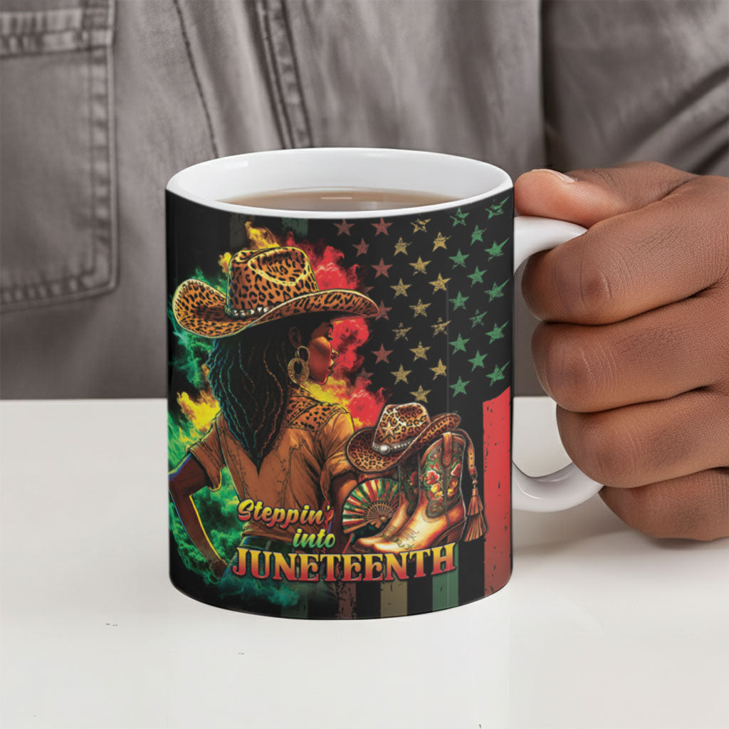 Steppin' into Juneteenth 1865 Ceramic Mug Melanin Cowgirl Grunge Style