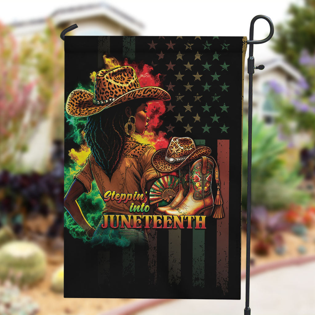 Steppin' into Juneteenth 1865 Garden Flag Melanin Cowgirl Grunge Style