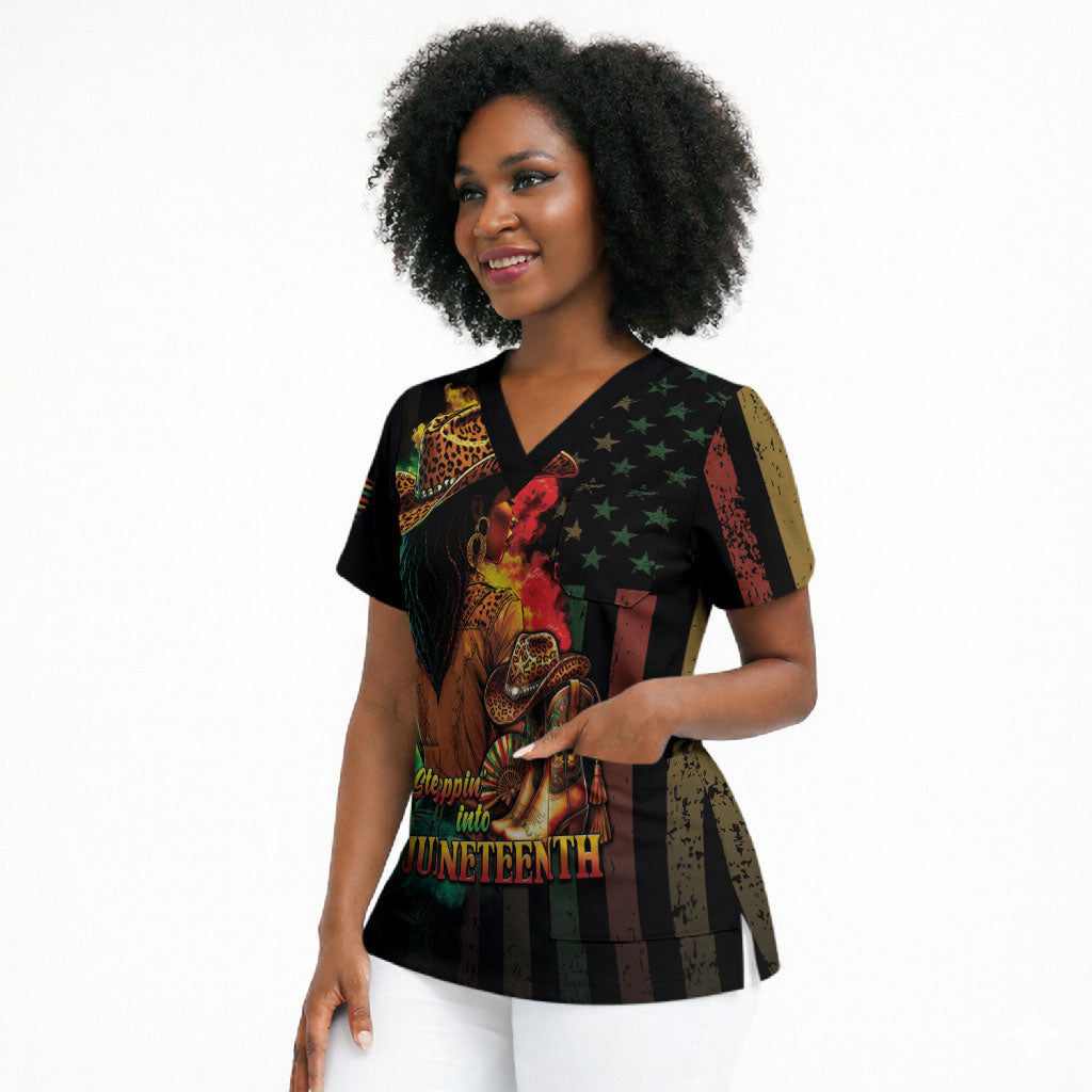 Steppin' into Juneteenth 1865 Scrub Top Melanin Cowgirl Grunge Style