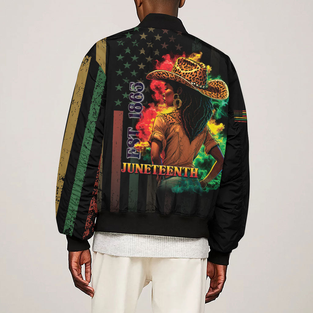 Steppin' into Juneteenth 1865 Sleeve Zip Bomber Jacket Melanin Cowgirl Grunge Style