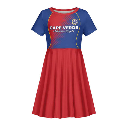 Custom Cape Verde Football Kid Short Sleeve Dress Blue Sharks Make History - African Pride