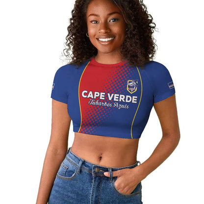 Custom Cape Verde Football Raglan Cropped T shirt Blue Sharks Make History - African Pride