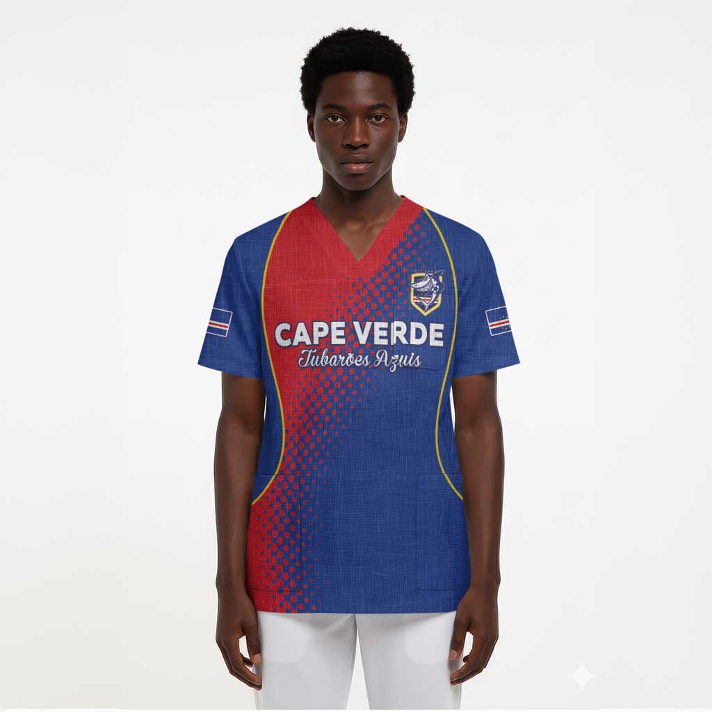 Custom Cape Verde Football Scrub Top Blue Sharks Make History - African Pride