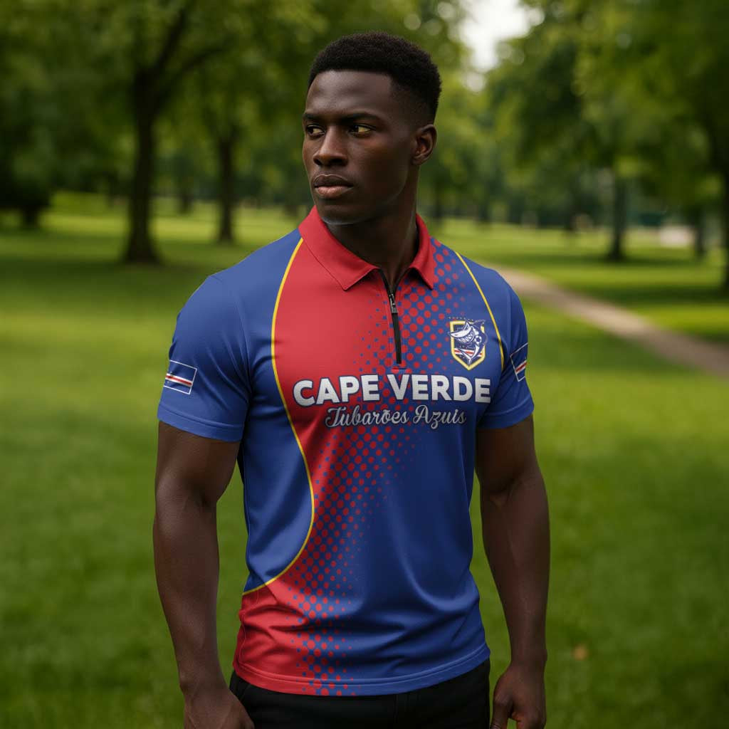 Custom Cape Verde Football Zipper Polo Shirt Blue Sharks Make History