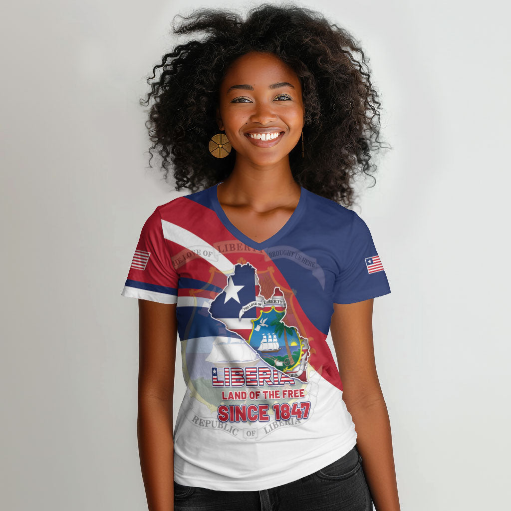 Liberia 1847 Women V-Neck T-Shirt Happy Independence Day