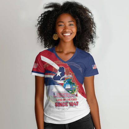 Liberia 1847 Women V-Neck T-Shirt Happy Independence Day