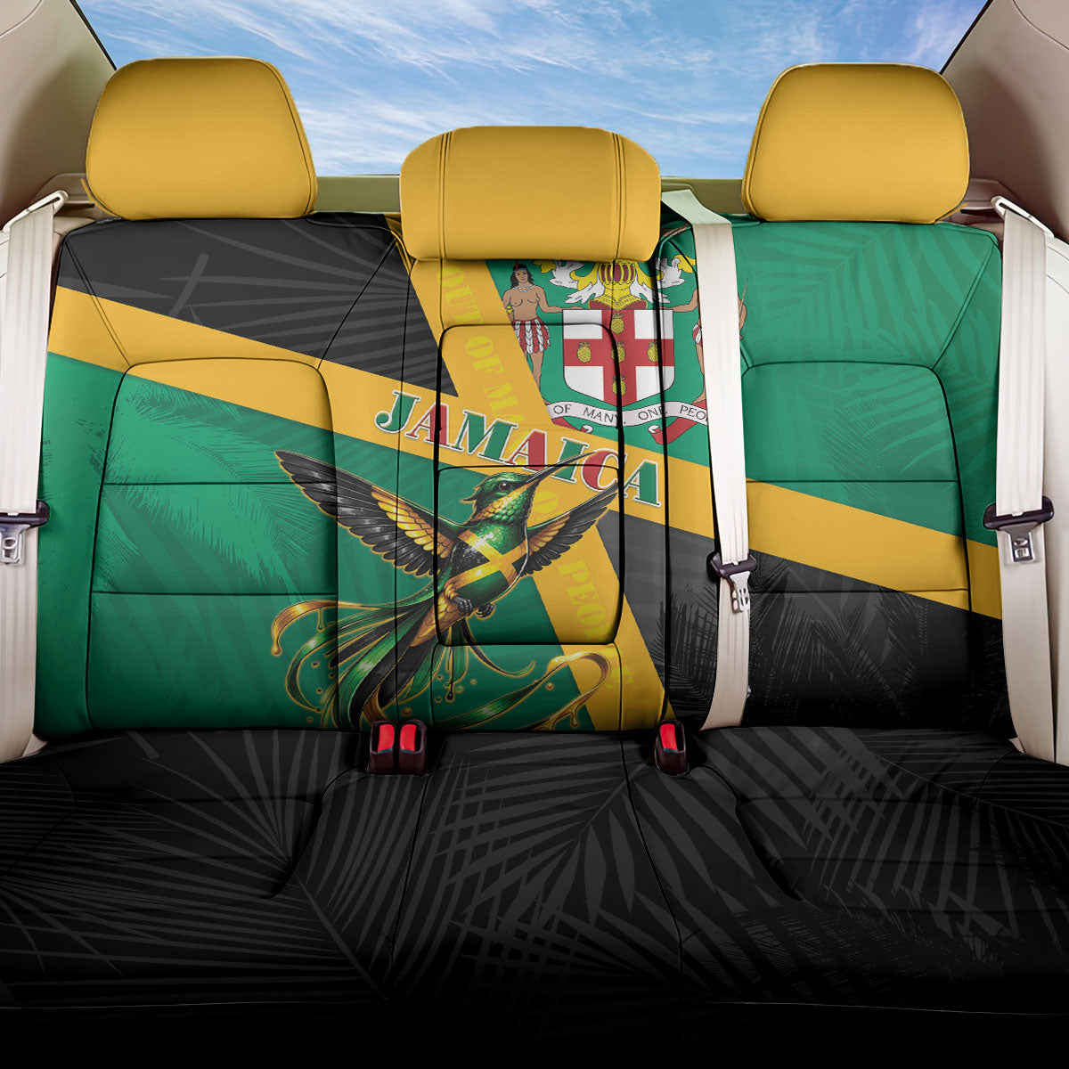 Jamaica Independence Day Back Car Seat Cover Coat Of Arms With Doctor Bird Tropical Vibes
