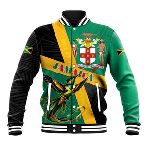 Jamaica Independence Day Baseball Jacket Coat Of Arms With Doctor Bird Tropical Vibes