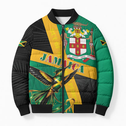 Jamaica Independence Day Bomber Puffer Jacket Coat Of Arms With Doctor Bird Tropical Vibes