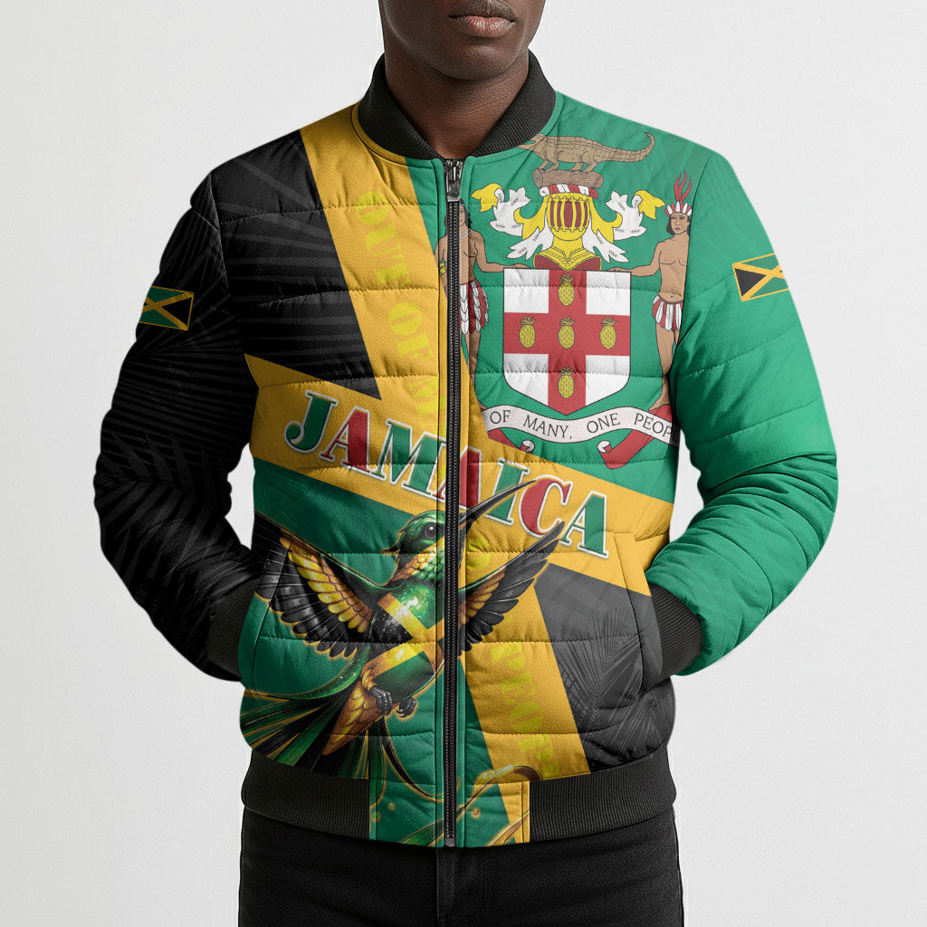 Jamaica Independence Day Bomber Puffer Jacket Coat Of Arms With Doctor Bird Tropical Vibes