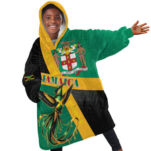 Jamaica Independence Day Kid Wearable Blanket Hoodie Coat Of Arms With Doctor Bird Tropical Vibes
