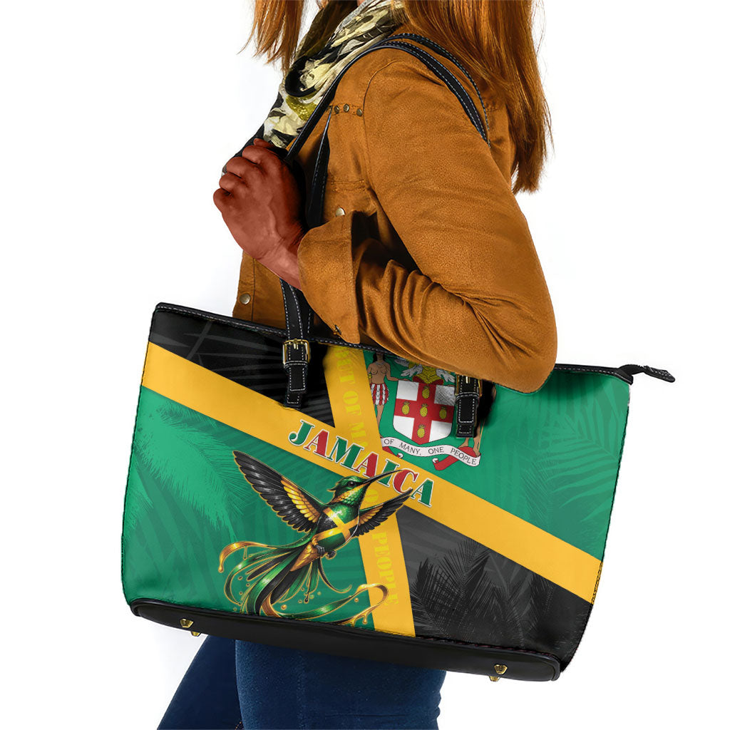 Jamaica Independence Day Leather Tote Bag Coat Of Arms With Doctor Bird Tropical Vibes