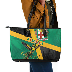 Jamaica Independence Day Leather Tote Bag Coat Of Arms With Doctor Bird Tropical Vibes