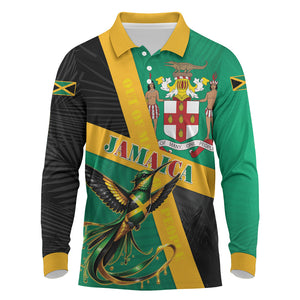 Jamaica Independence Day Long Sleeve Polo Shirt Coat Of Arms With Doctor Bird Tropical Vibes