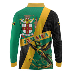 Jamaica Independence Day Long Sleeve Polo Shirt Coat Of Arms With Doctor Bird Tropical Vibes