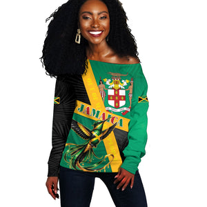 Jamaica Independence Day Off Shoulder Sweater Coat Of Arms With Doctor Bird Tropical Vibes