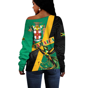 Jamaica Independence Day Off Shoulder Sweater Coat Of Arms With Doctor Bird Tropical Vibes