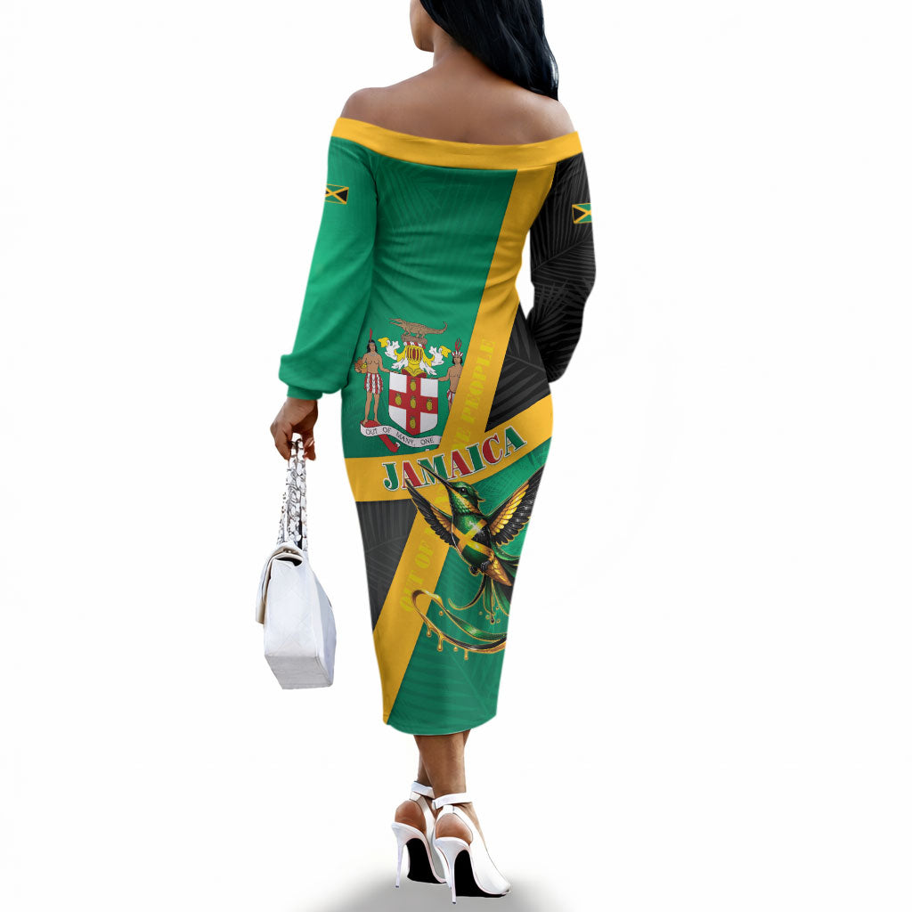 Jamaica Independence Day Off The Shoulder Long Sleeve Dress Coat Of Arms With Doctor Bird Tropical Vibes