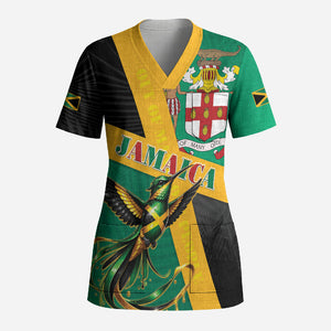 Jamaica Independence Day Scrub Top Coat Of Arms With Doctor Bird Tropical Vibes