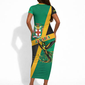Jamaica Independence Day Short Sleeve Bodycon Dress Coat Of Arms With Doctor Bird Tropical Vibes