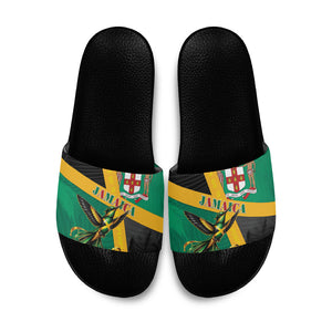 Jamaica Independence Day Slide Sandals Coat Of Arms With Doctor Bird Tropical Vibes