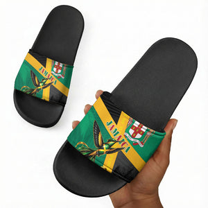 Jamaica Independence Day Slide Sandals Coat Of Arms With Doctor Bird Tropical Vibes