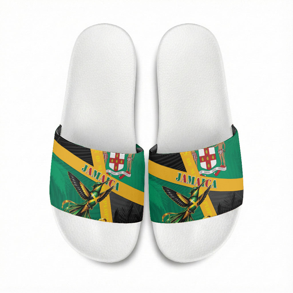 Jamaica Independence Day Slide Sandals Coat Of Arms With Doctor Bird Tropical Vibes