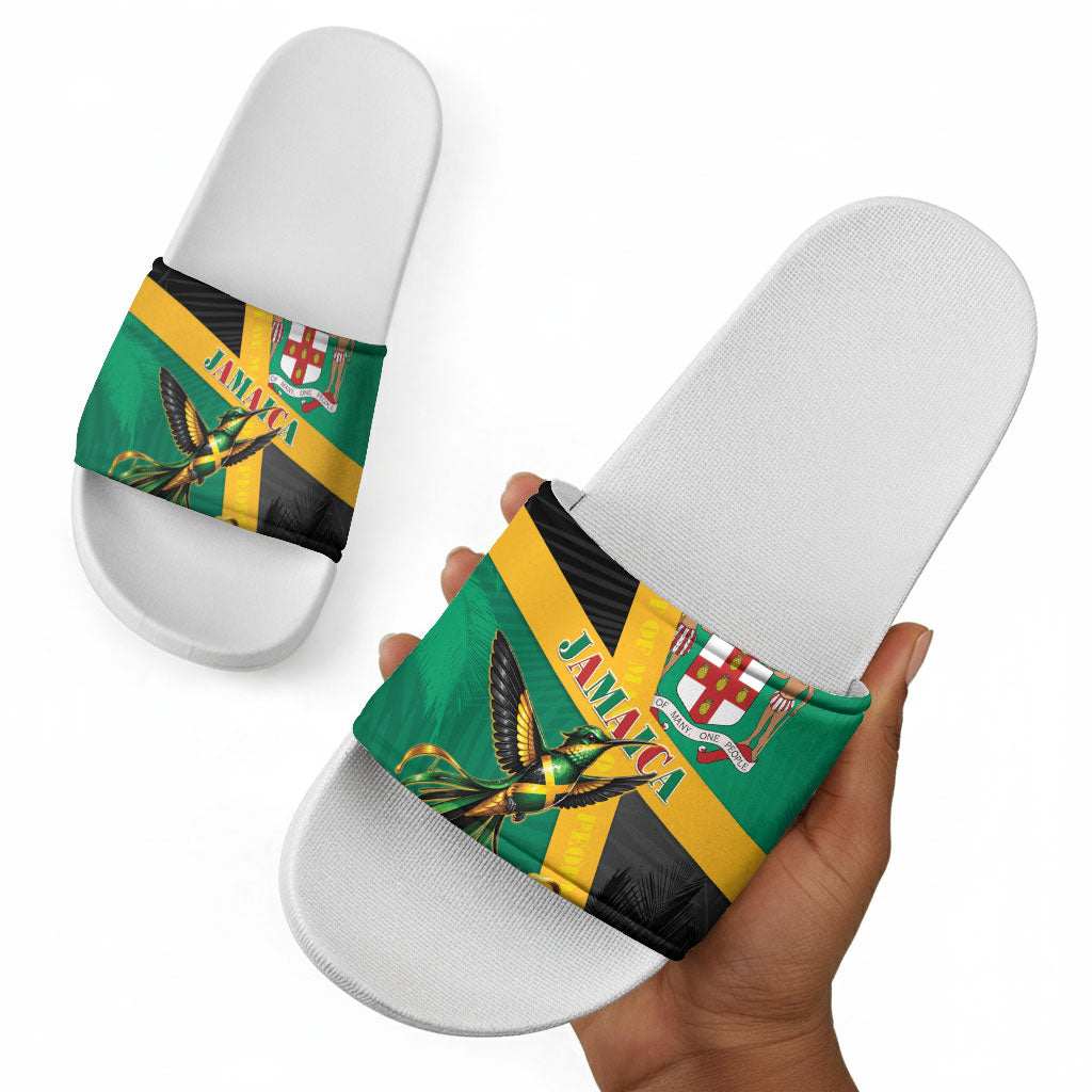 Jamaica Independence Day Slide Sandals Coat Of Arms With Doctor Bird Tropical Vibes