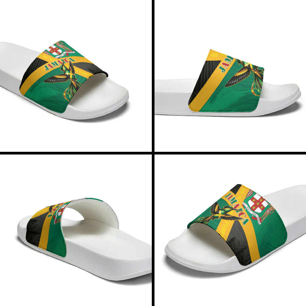 Jamaica Independence Day Slide Sandals Coat Of Arms With Doctor Bird Tropical Vibes