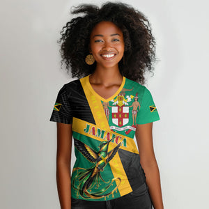 Jamaica Independence Day Women V-Neck T-Shirt Coat Of Arms With Doctor Bird Tropical Vibes