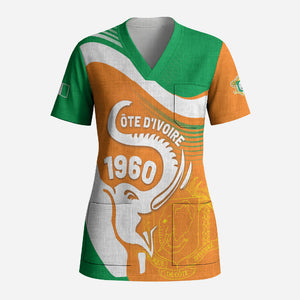Personalized Ivory Coast 1960 Scrub Top Happy Independence Day