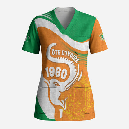 Personalized Ivory Coast 1960 Scrub Top Happy Independence Day