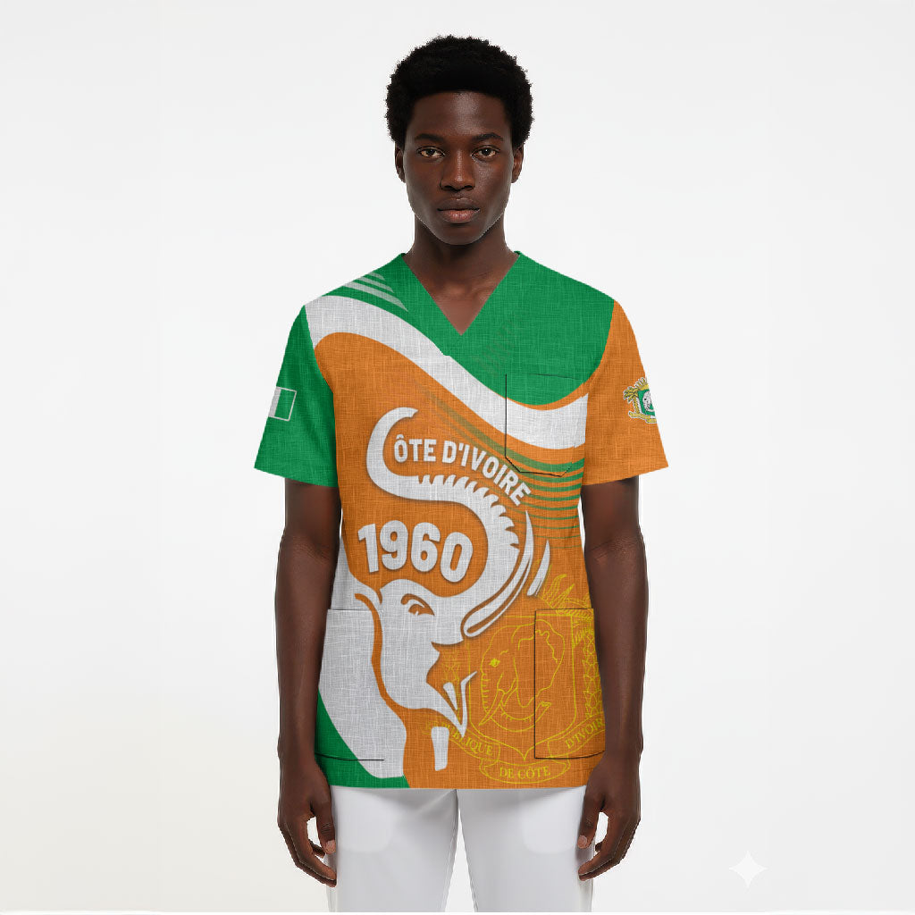 Personalized Ivory Coast 1960 Scrub Top Happy Independence Day