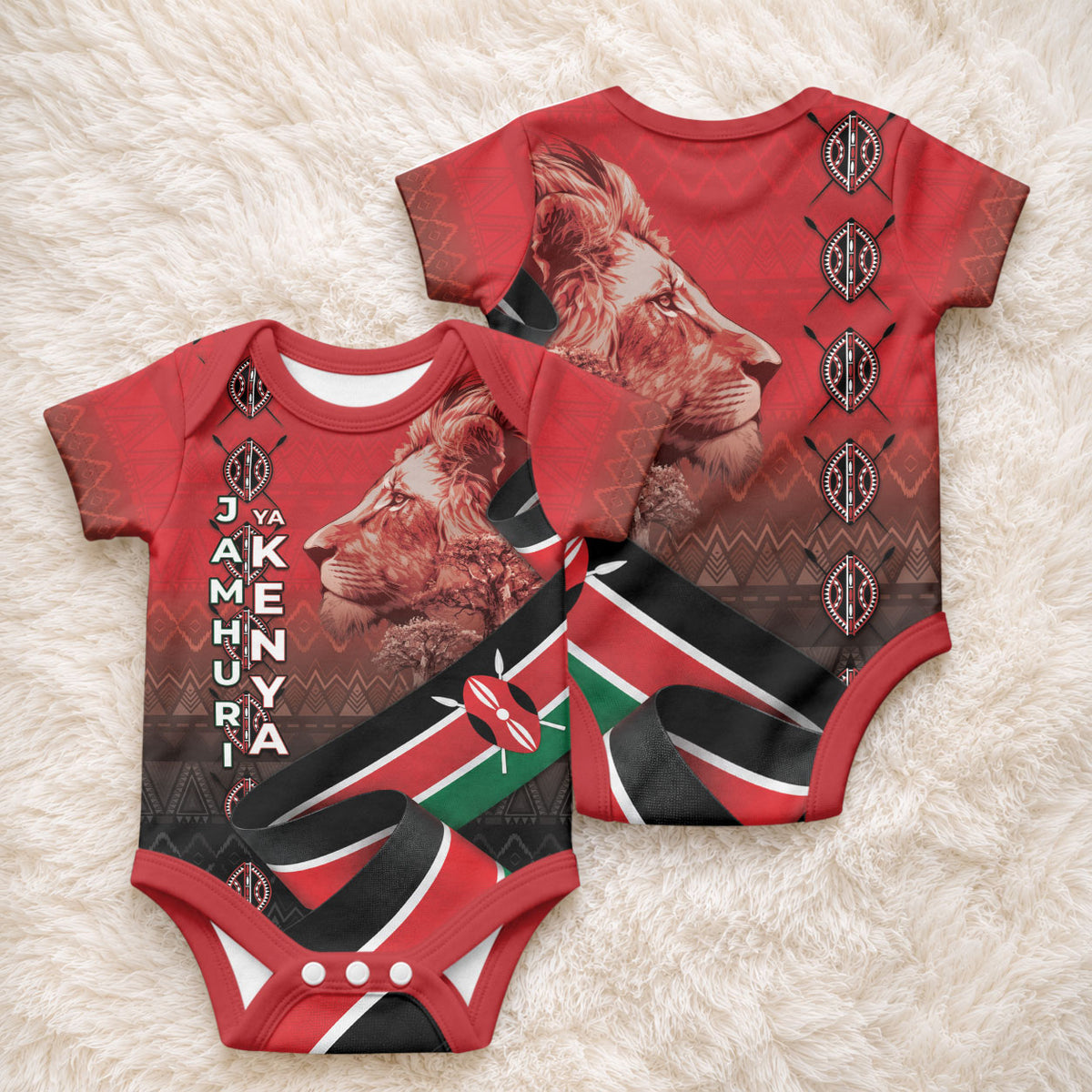 Jamhuri Ya Kenya Baby Onesie Patriotic Lion With Flag