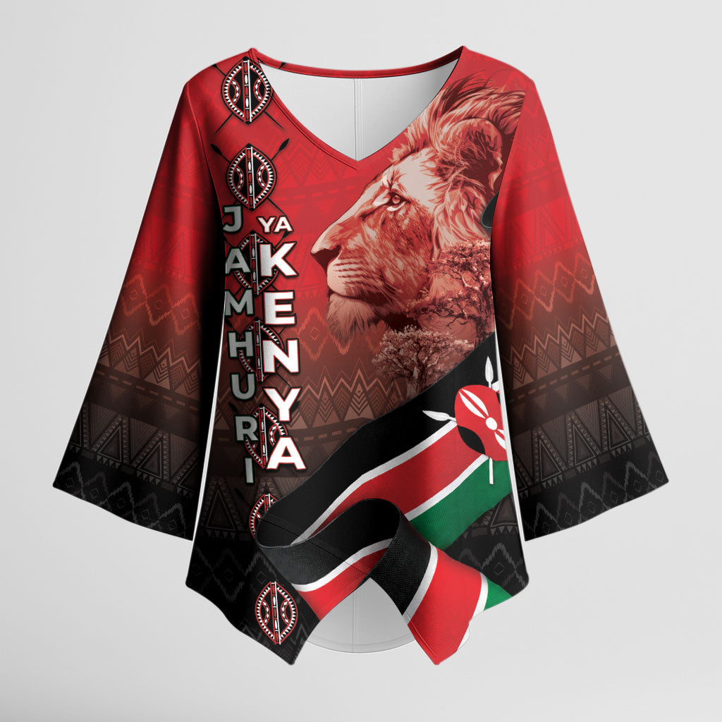 Jamhuri Ya Kenya Kimono Sleeve Blouse Patriotic Lion With Flag