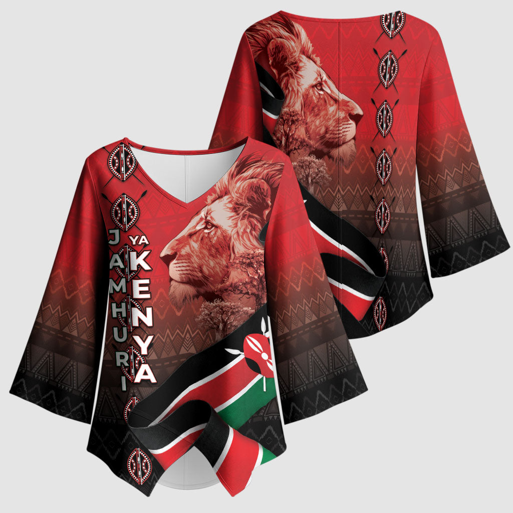 Jamhuri Ya Kenya Kimono Sleeve Blouse Patriotic Lion With Flag