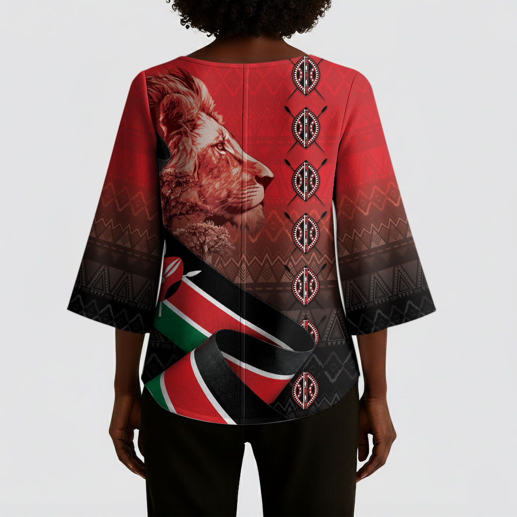 Jamhuri Ya Kenya Kimono Sleeve Blouse Patriotic Lion With Flag