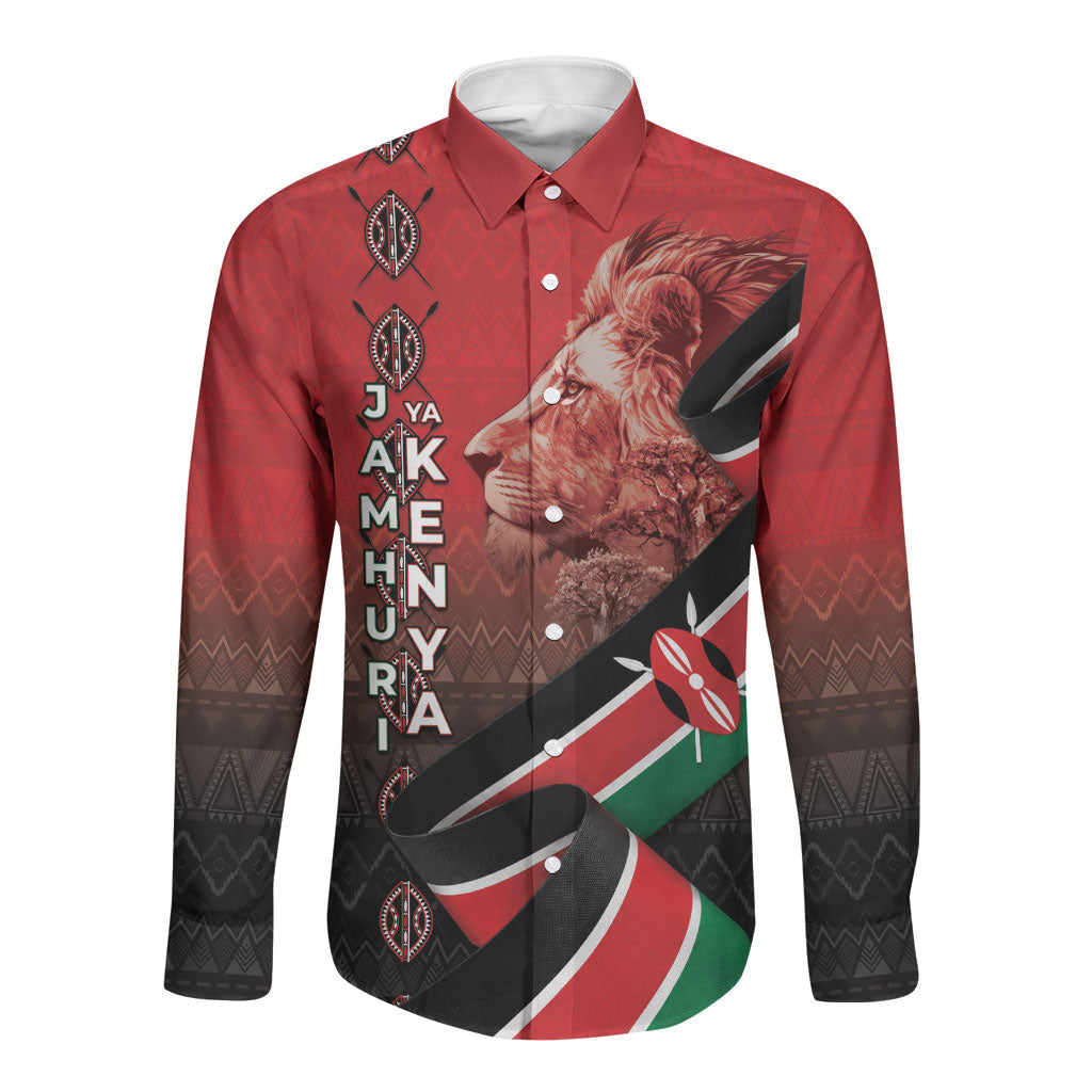 Jamhuri Ya Kenya Long Sleeve Button Shirt Patriotic Lion With Flag