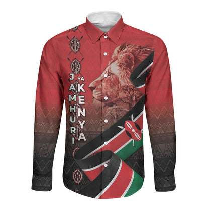 Jamhuri Ya Kenya Long Sleeve Button Shirt Patriotic Lion With Flag