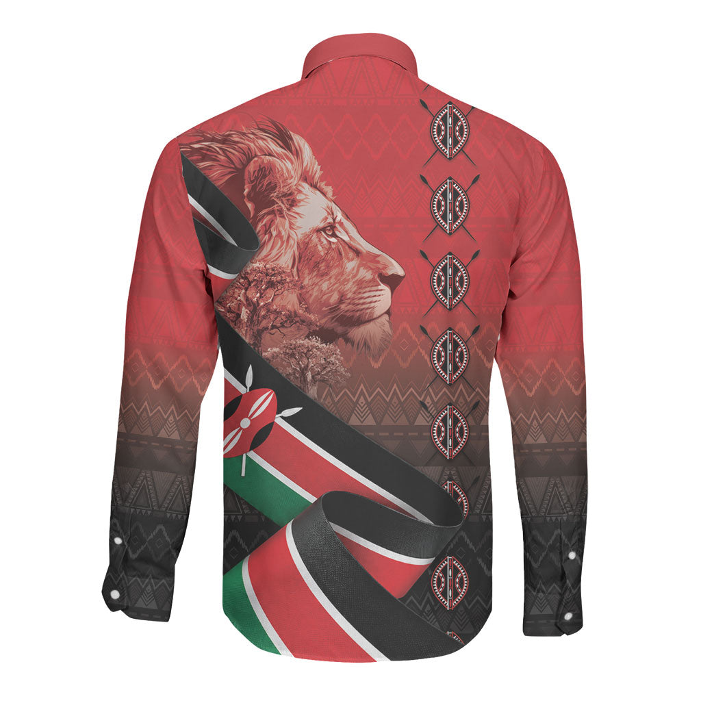 Jamhuri Ya Kenya Long Sleeve Button Shirt Patriotic Lion With Flag