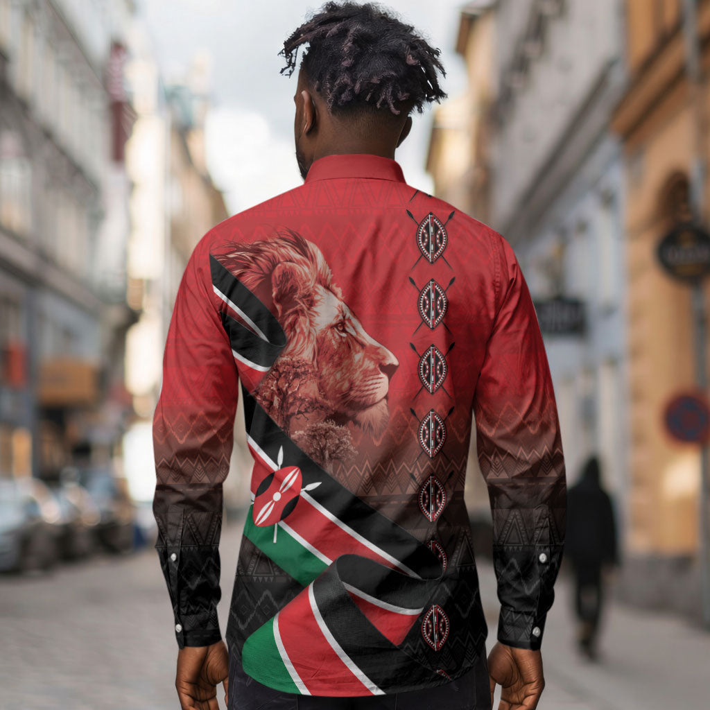 Jamhuri Ya Kenya Long Sleeve Button Shirt Patriotic Lion With Flag