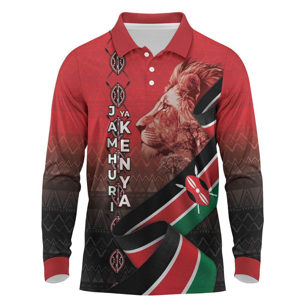 Jamhuri Ya Kenya Long Sleeve Polo Shirt Patriotic Lion With Flag