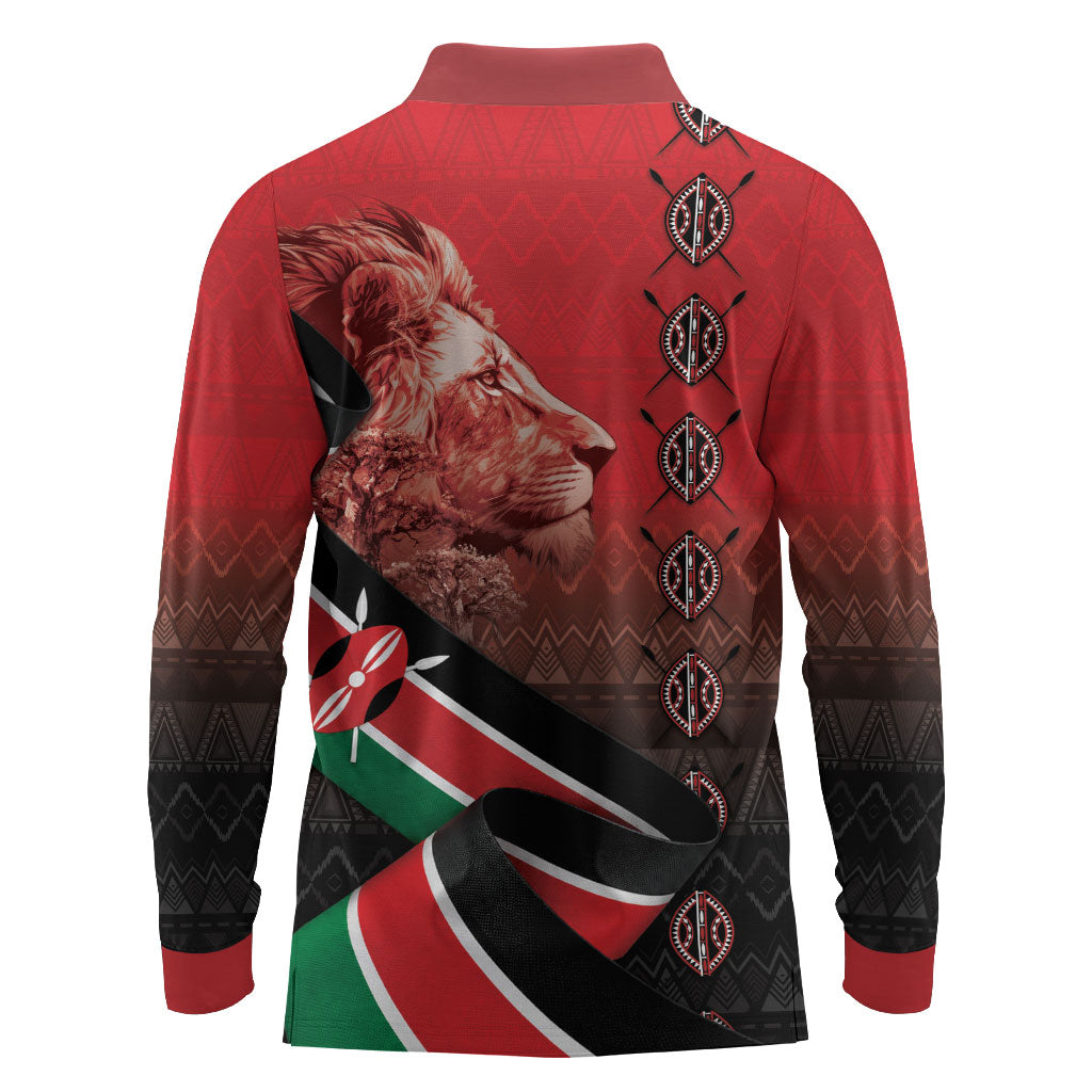 Jamhuri Ya Kenya Long Sleeve Polo Shirt Patriotic Lion With Flag
